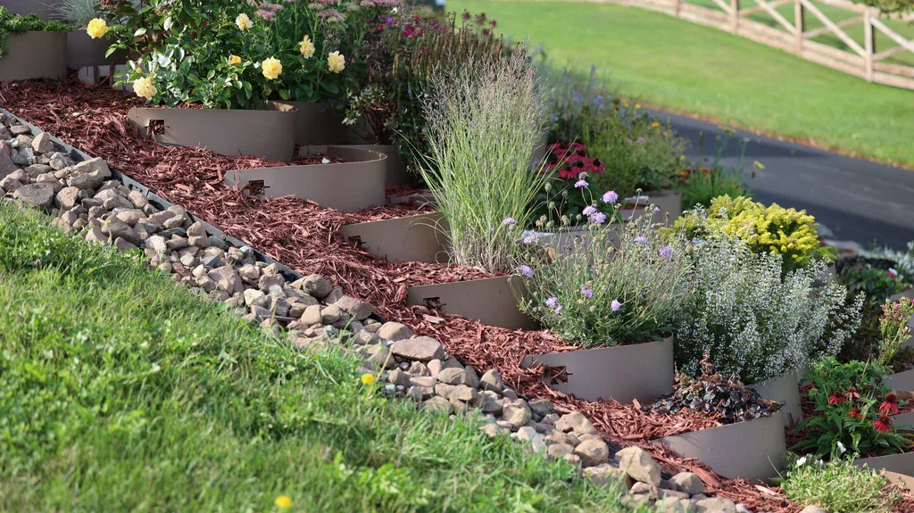 Terraced Circular Ring Planters on Mulched Hillside