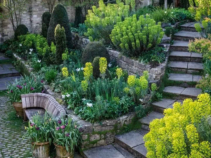 Terraced Stone Wall Garden with Flagstone Steps
