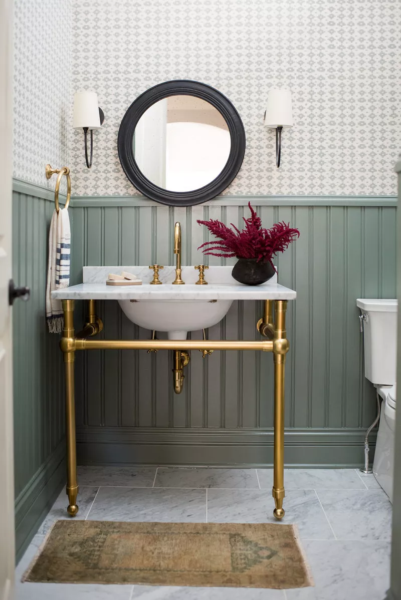 Brass Console Sink & Sage Beadboard