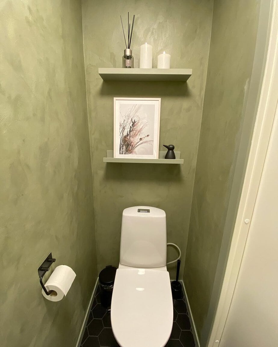 25 Small Toilet Room Ideas to Make a Tiny Space Feel Stylish 2 Olive Green Textured Walls