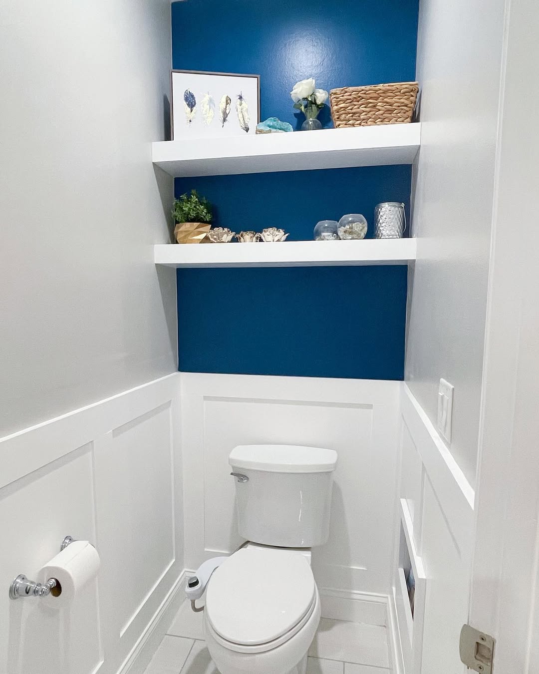 25 Small Toilet Room Ideas to Make a Tiny Space Feel Stylish 3 Deep Blue Accent Wall with White Board and Batten