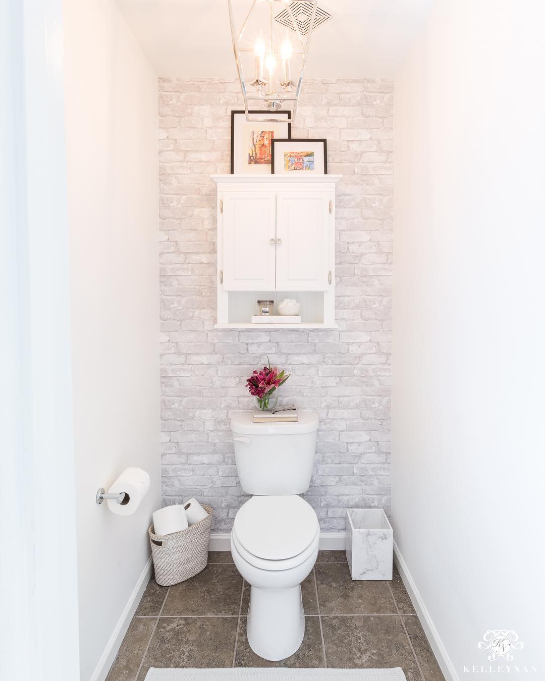 25 Small Toilet Room Ideas to Make a Tiny Space Feel Stylish 13 White Brick Feature Wall with Mounted Cabinet