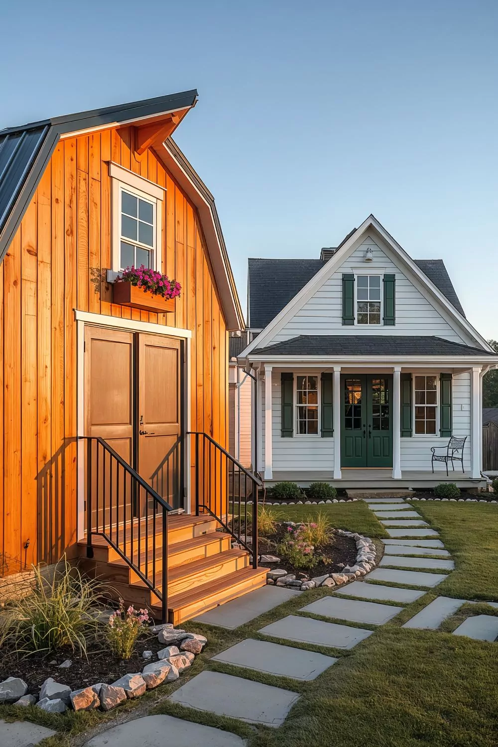 31 Tiny Shed House Ideas for Small and Creative Living Spaces 16 Warm Cedar Barn Shed with Paver Walkway