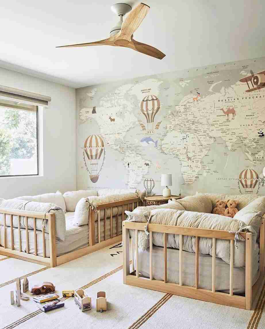 25 Toddler Boy Bedroom Ideas for a Fun and Functional Space 11 World Map Mural with Twin Low Floor Beds