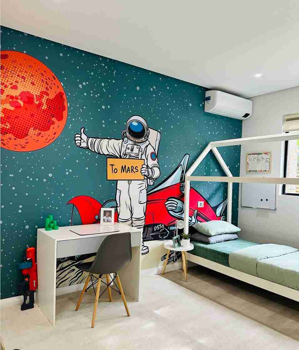 25 Toddler Boy Bedroom Ideas for a Fun and Functional Space 14 Outer Space Wall Graphic with House Frame Bed