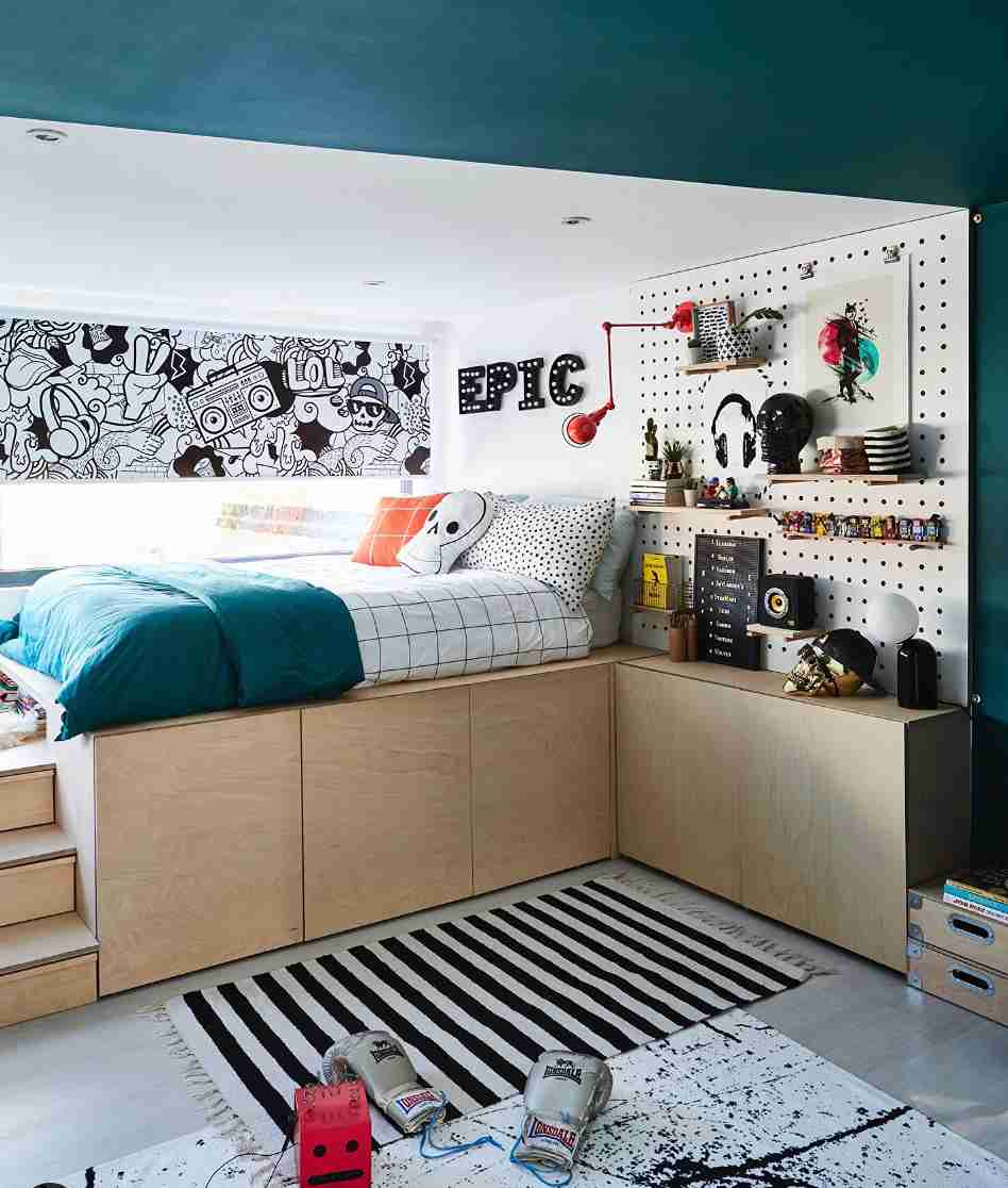 25 Toddler Boy Bedroom Ideas for a Fun and Functional Space 18 Urban Loft Bed with Wall Pegboard System