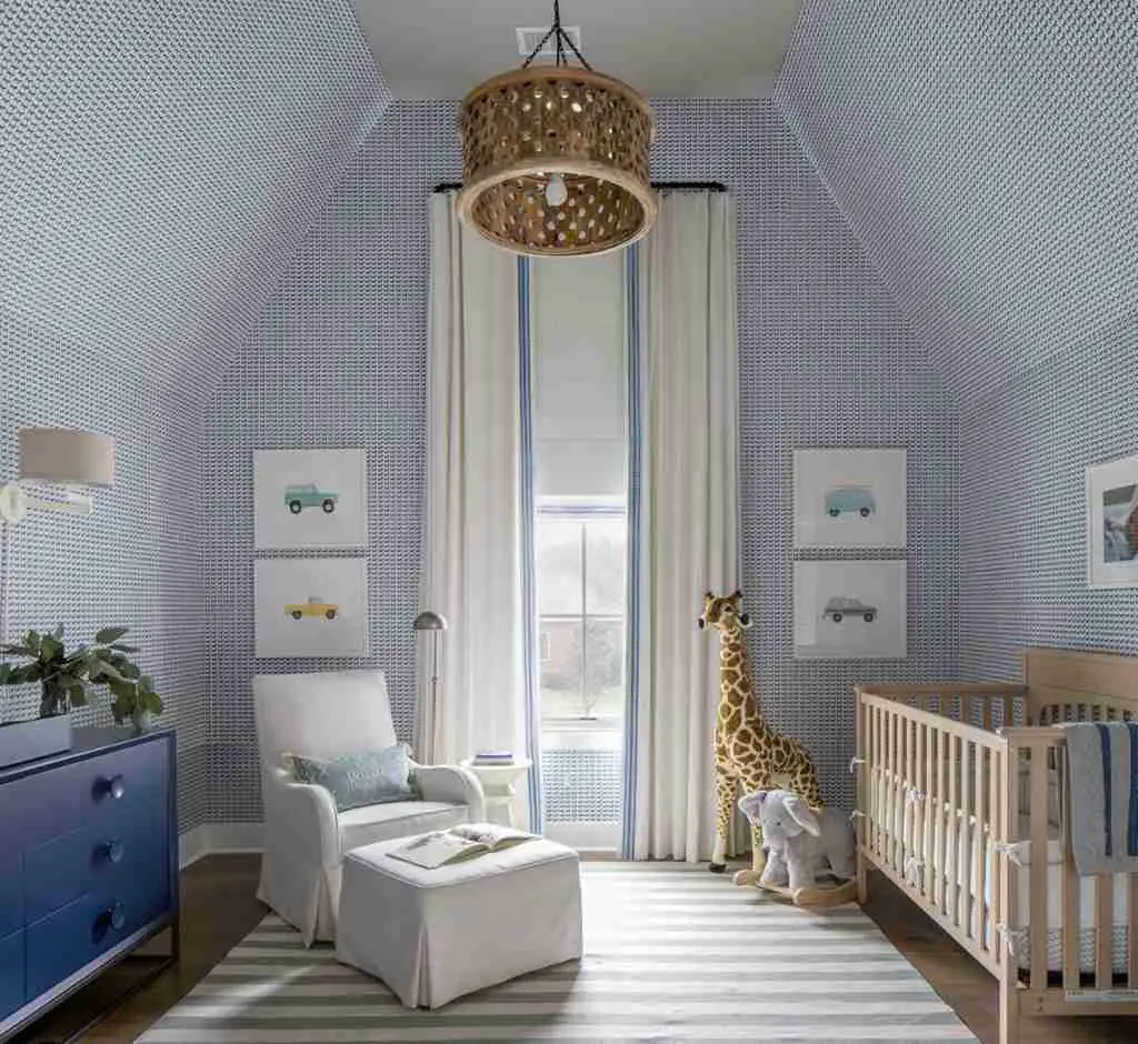 25 Toddler Boy Bedroom Ideas for a Fun and Functional Space 21 Patterned Wallpaper Nursery with Plush Giraffe
