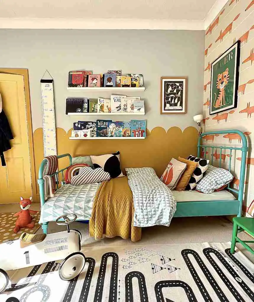 25 Toddler Boy Bedroom Ideas for a Fun and Functional Space 25 Vintage Metal Daybed with Fox Wallpaper