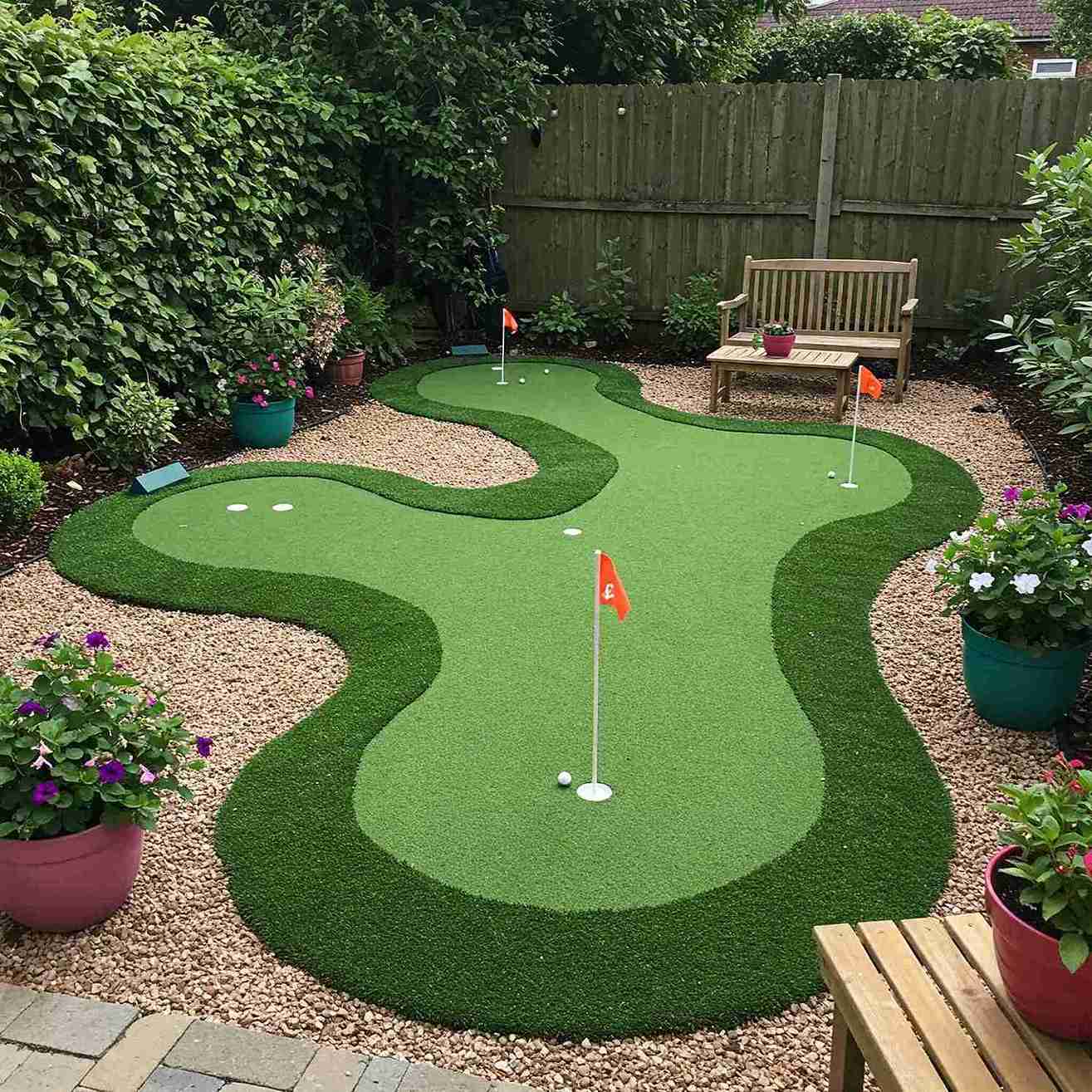 17+ Turf Backyard Ideas That Look Beautiful and Low-Maintenance 14 Stone Walkway and Outdoor Lounge Zone