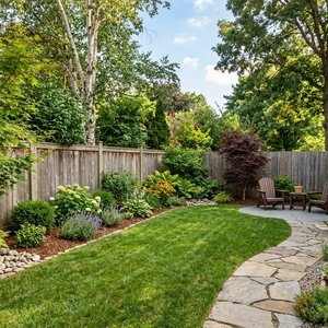 17+ Turf Backyard Ideas That Look Beautiful and Low-Maintenance 2 Curved Turf Lawn with Stone Garden Border