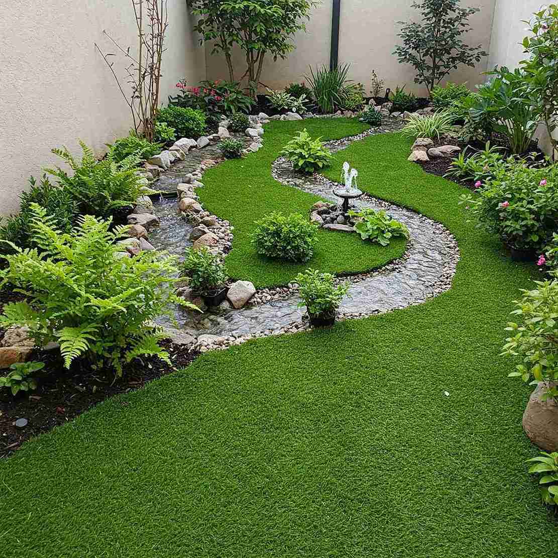 17+ Turf Backyard Ideas That Look Beautiful and Low-Maintenance 5 Curved Brick Patio with Enclosed Turf Yard