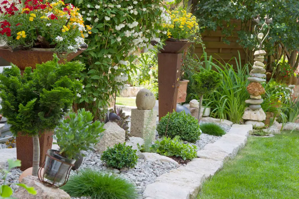 Rock Garden with Rust Finishes and Stone Cairn