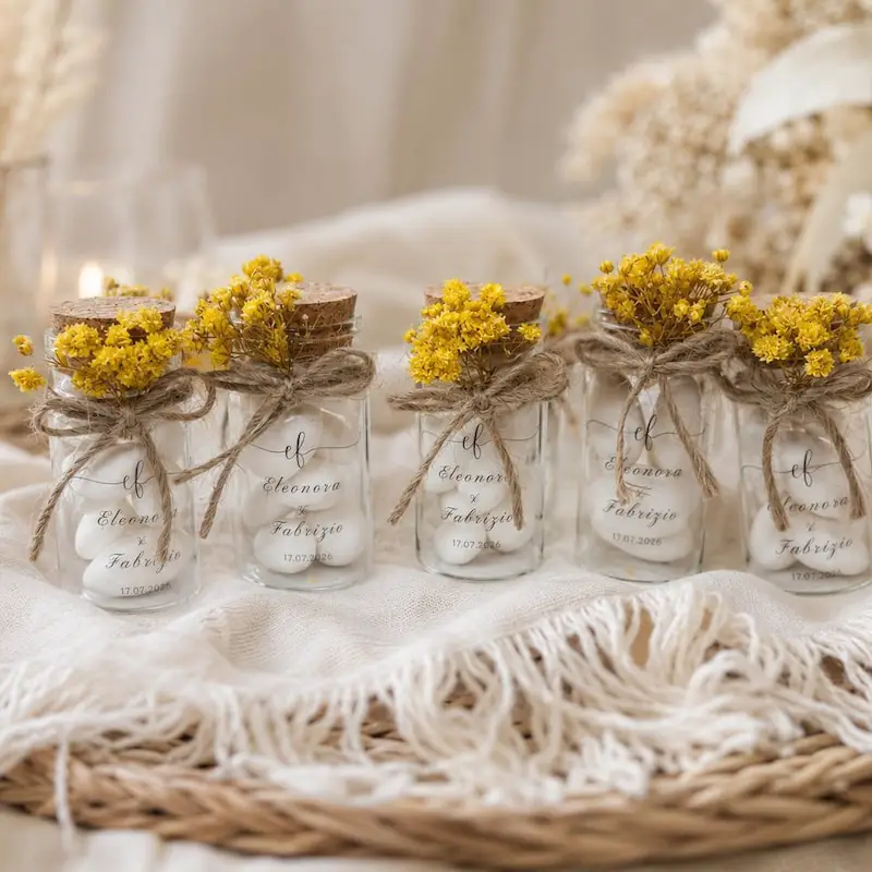 21+ Office Candy Jar Ideas for a Fun Workspace 4 Mini Flower Tied Glass Jars