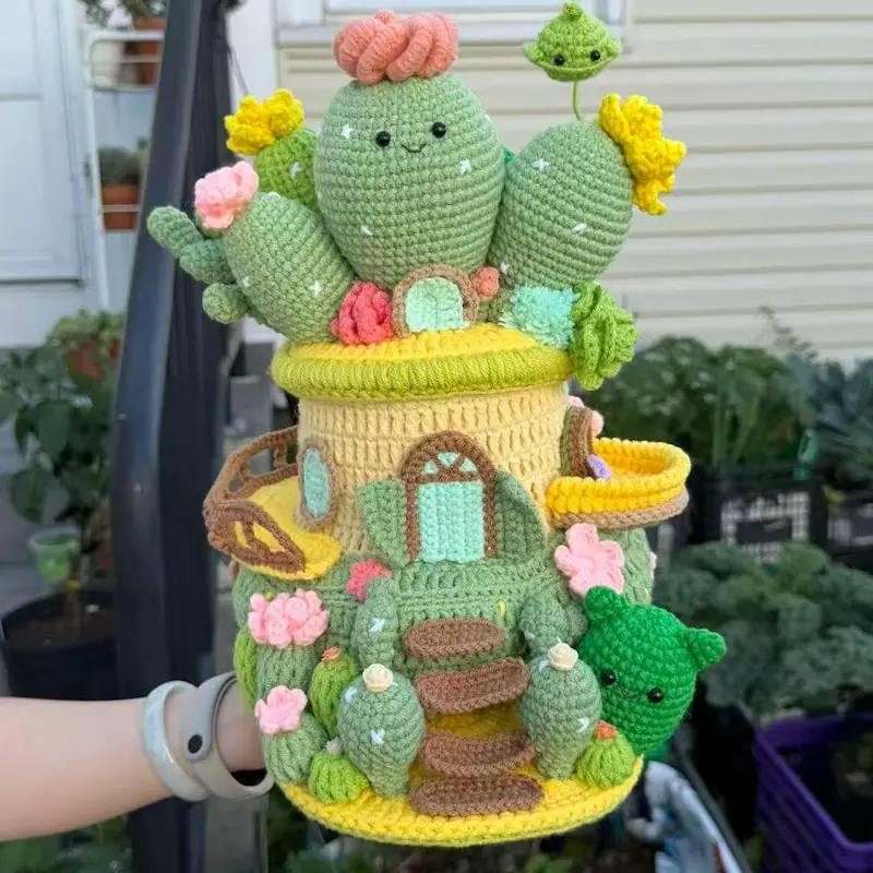 21+ Office Candy Jar Ideas for a Fun Workspace 6 Crochet Cactus Tower Jar
