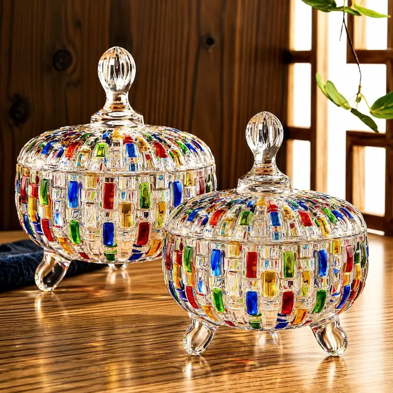 21+ Office Candy Jar Ideas for a Fun Workspace 8 Mosaic Glass Footed Bowls