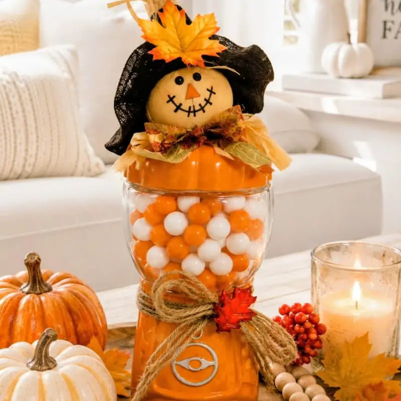 21+ Office Candy Jar Ideas for a Fun Workspace 16 Scarecrow Pumpkin Candy Stand
