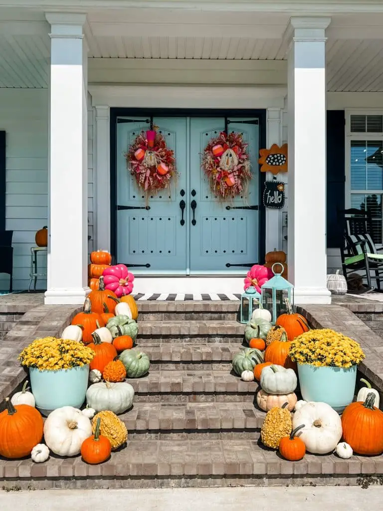 29+ Dollar Tree Fall Decor DIY Ideas for a Beautiful Budget Friendly Home 17 Festive Pumpkin Porch Display