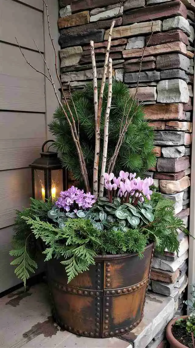 Winter Porch Planter with Lantern