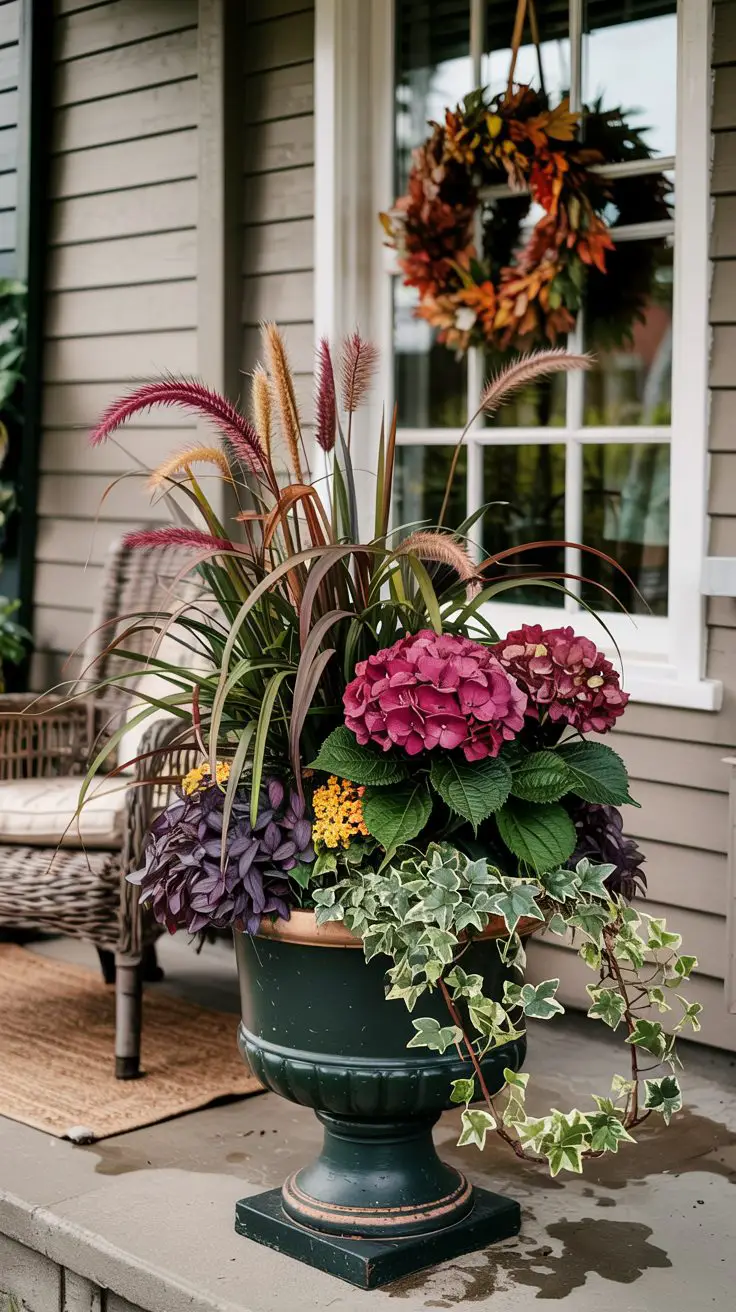 Festive Urn with Hydrangeas and Grass