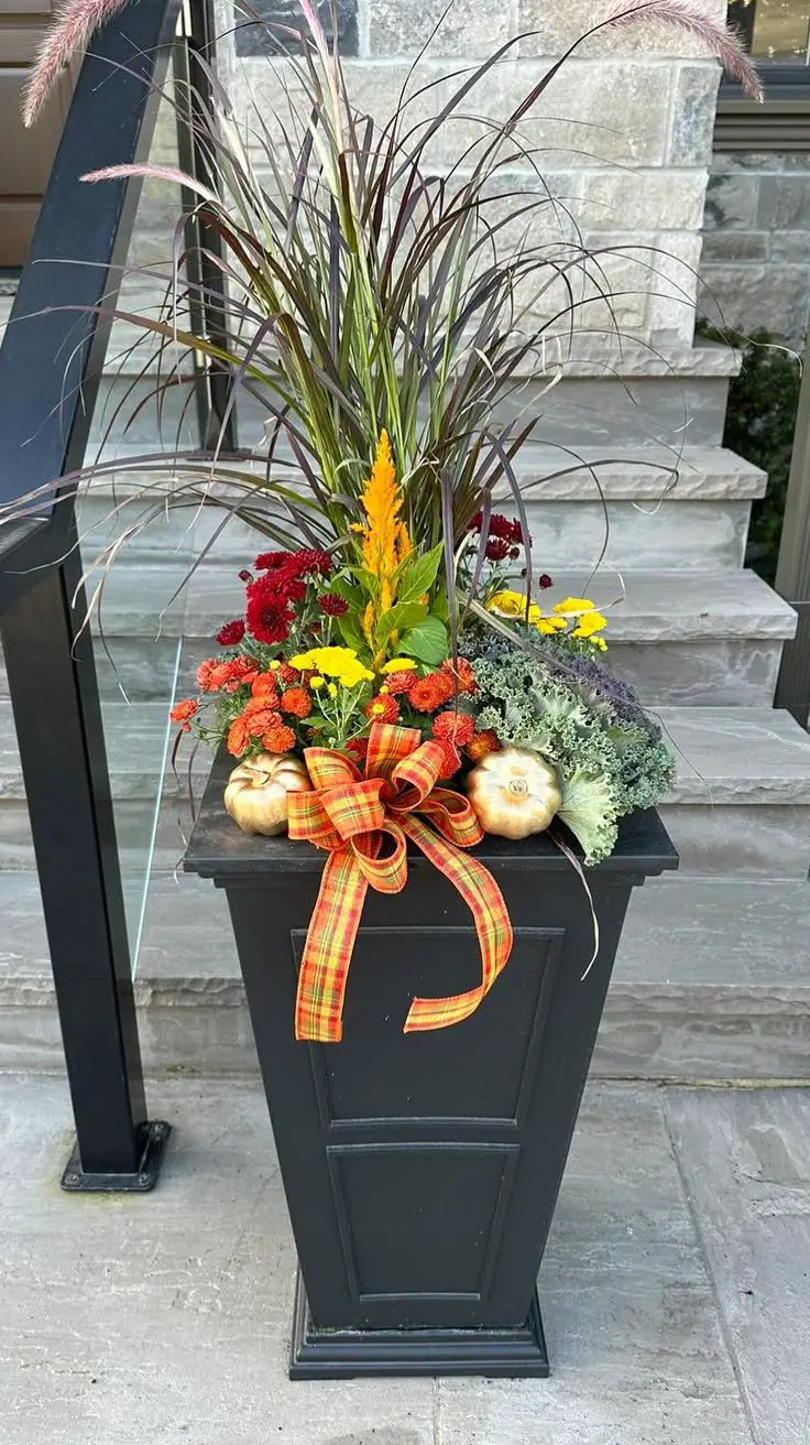 Square Black Pedestal Planter with Plaid Bow