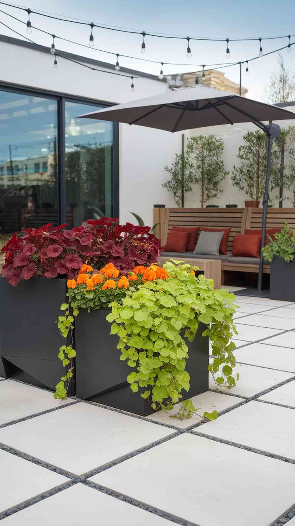 Contemporary Patio Planters with Chartreuse Vines