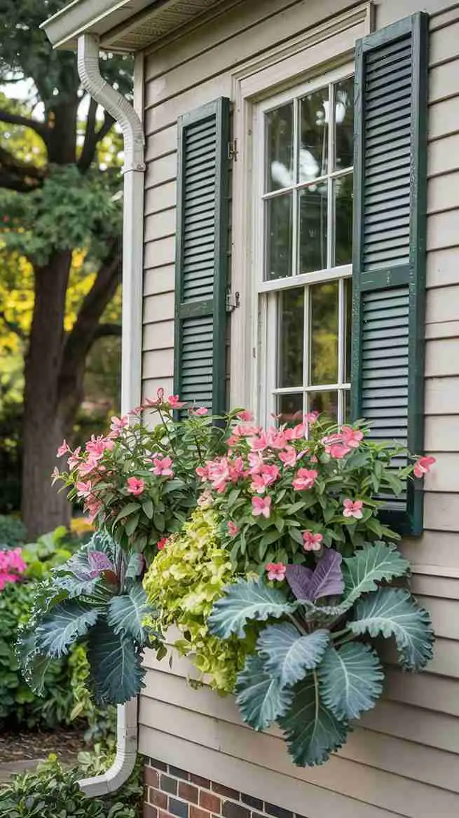 Window Box with Pink Blooms and Kale