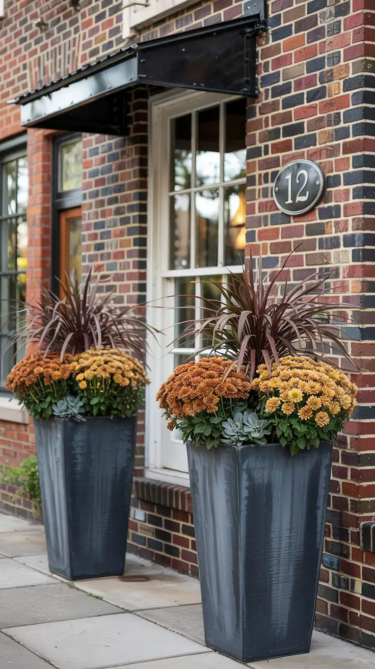 Tall Charcoal Planters with Gold Mums