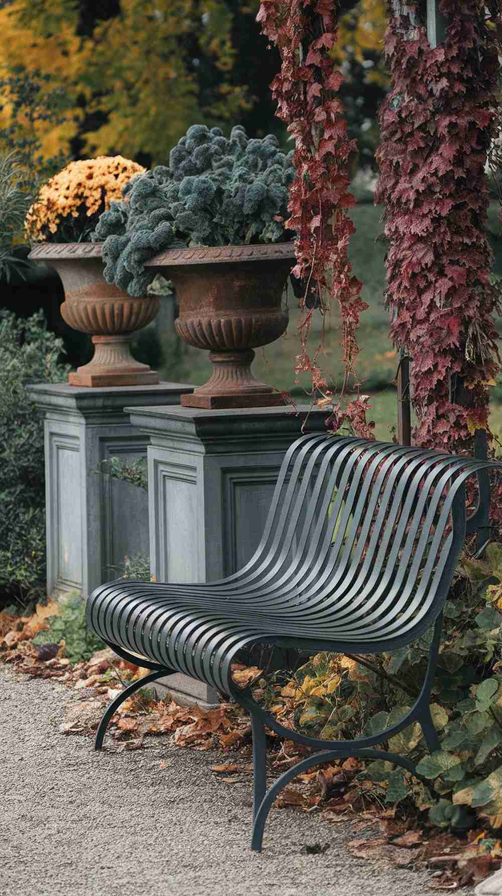 Antique Cast Iron Urns with Kale and Mums