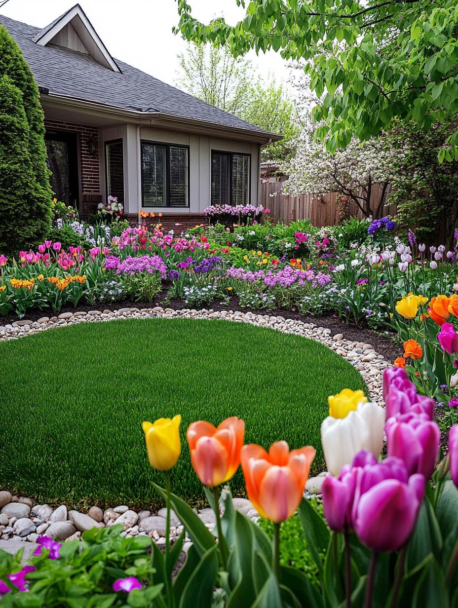 Circular Lawn Bed with Tulips