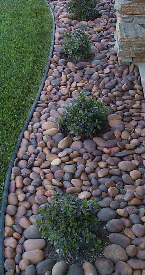 River Stone Bed with Black Landscape Edging