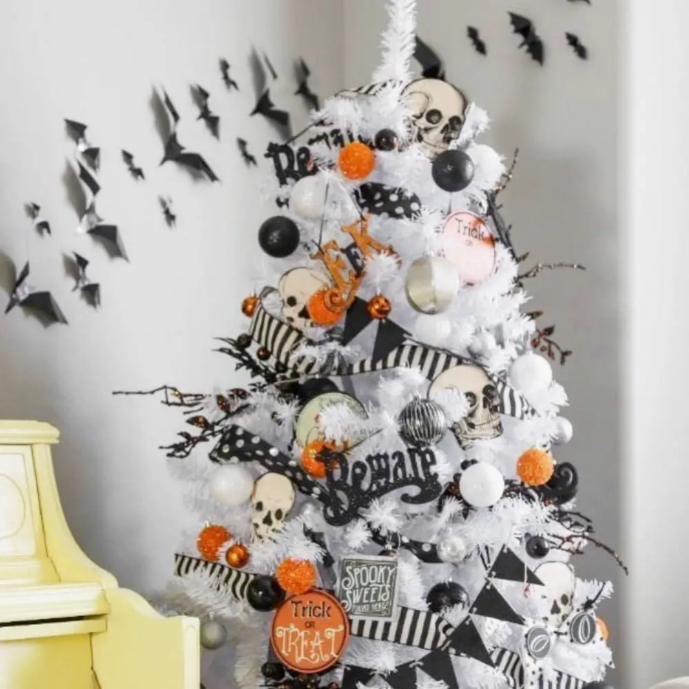 Spooky White Tree with Bats