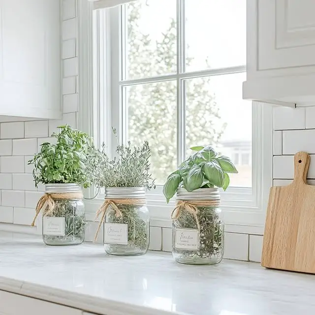 27 Kitchen Garden Ideas for a Beautiful and Productive Space 9 Glass Mason Jar Herb Pots
