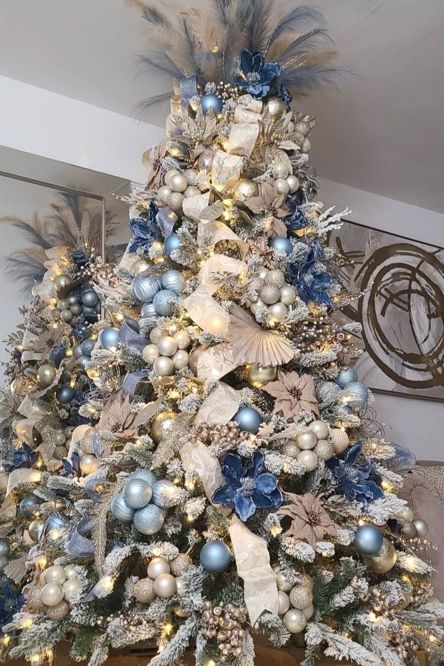 Frosted Pine Tree with Navy Floral Accents