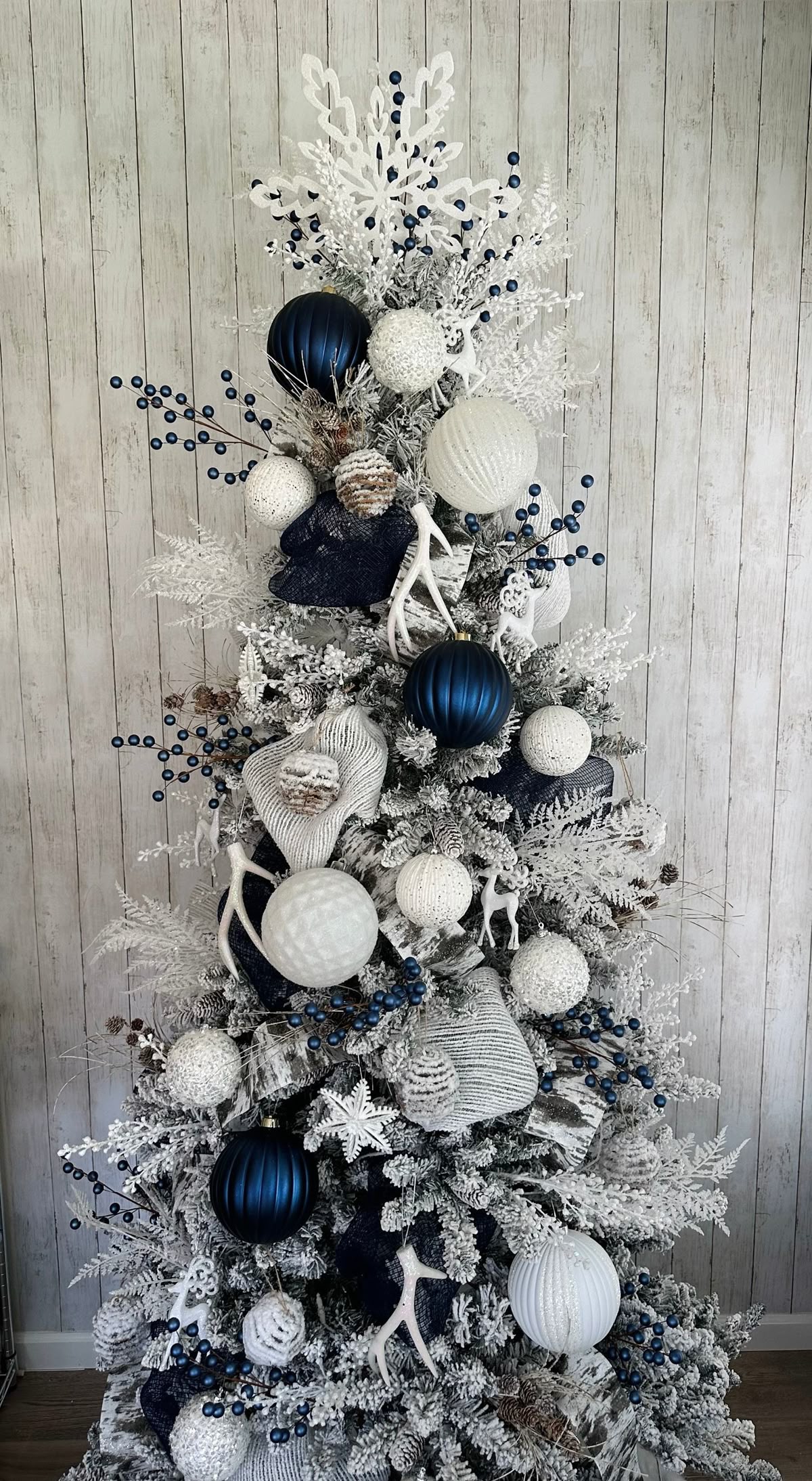 Frosted Tree with Dark Navy Spheres
