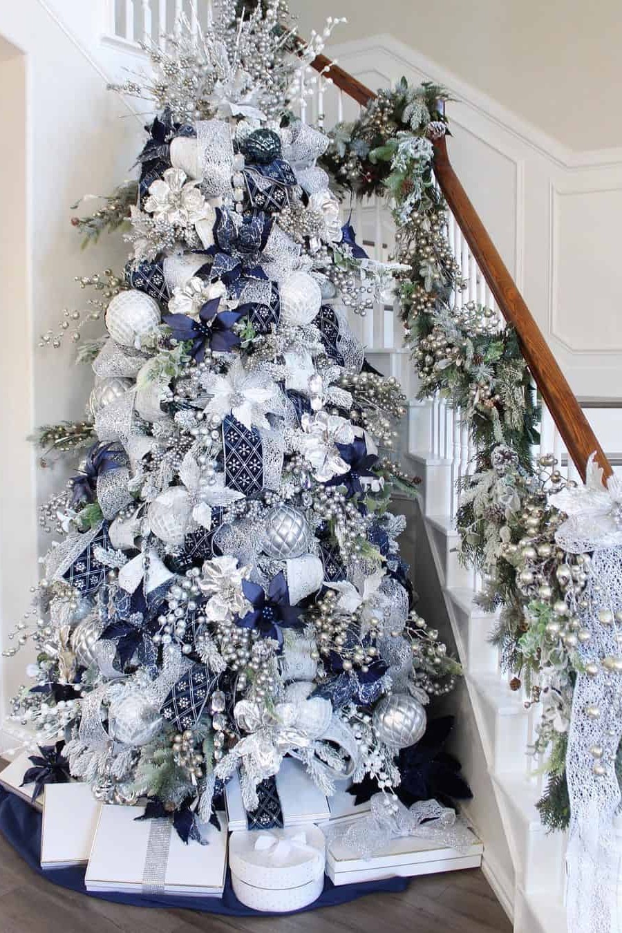 Glittering Silver and Navy Stairwell Display