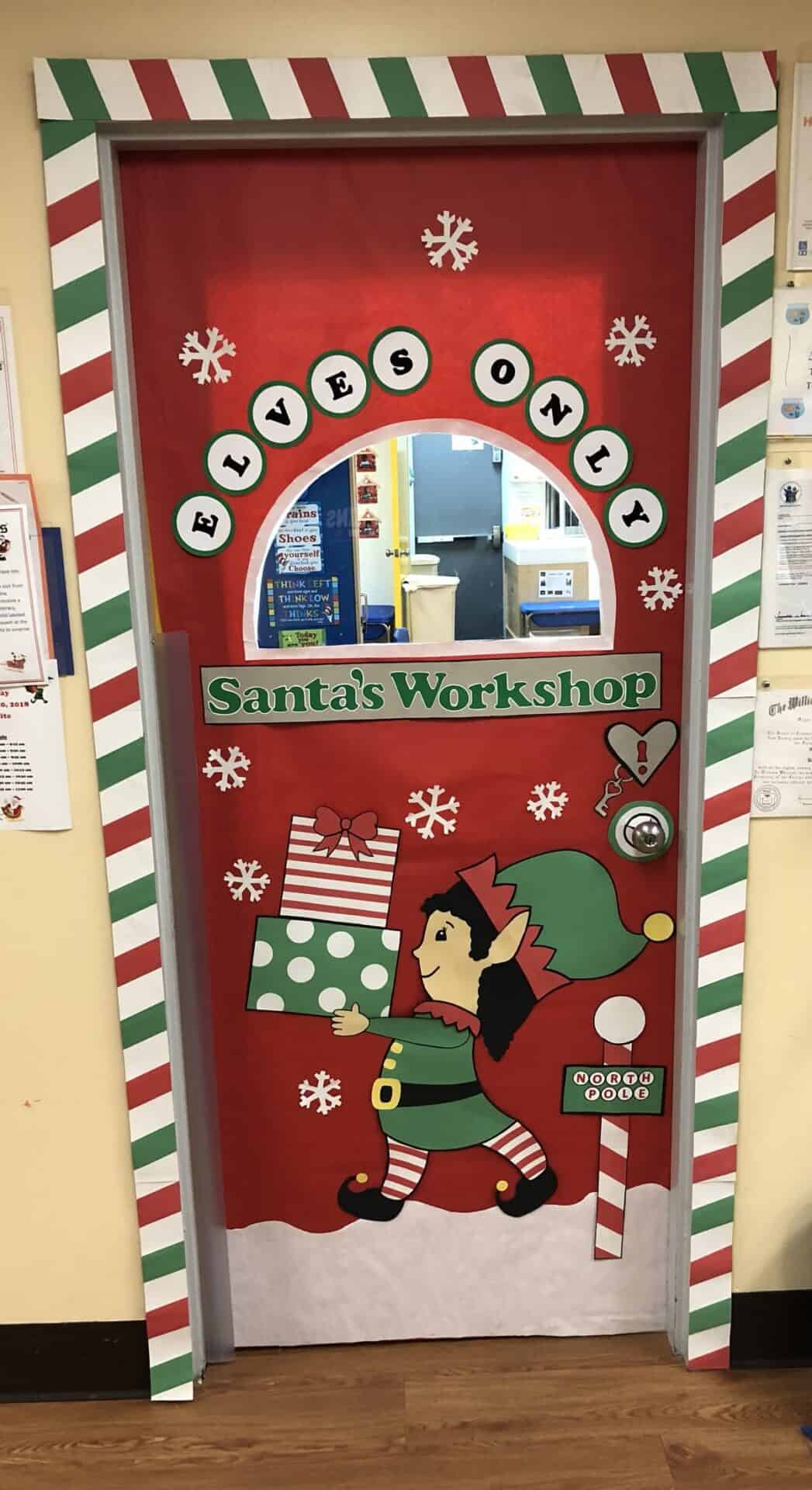 29+ Christmas Classroom Door Ideas That Are Easy & Cute 17 Elves Only Santa's Workshop