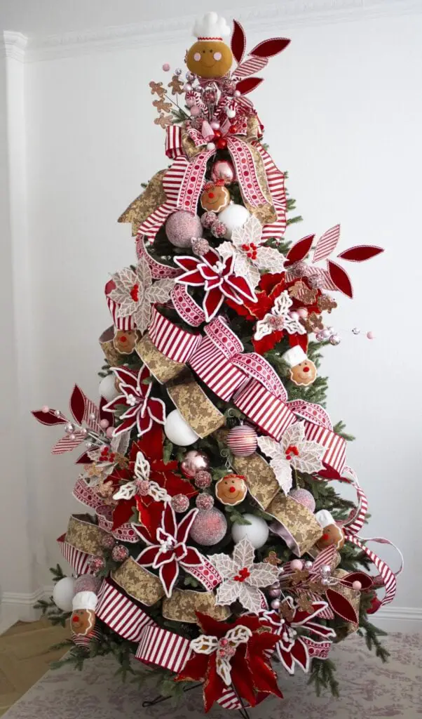 Whimsical Gingerbread Tree with Red Poinsettias