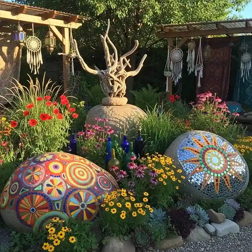 21 Boulders Landscaping Ideas for a Stunning Yard 19 Bohemian Mosaic Boulder Garden