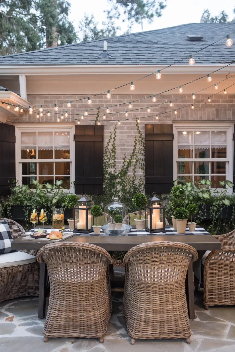 31+ Outdoor String Lighting Ideas for a Cozy and Beautiful Backyard 6 Brick courtyard dining table illuminated by outdoor string lights