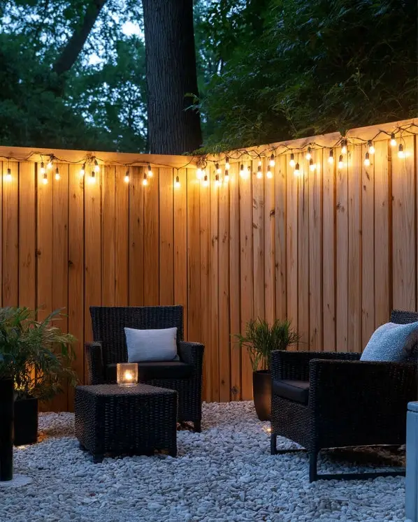 31+ Outdoor String Lighting Ideas for a Cozy and Beautiful Backyard 12 Wooden privacy fence decorated with warm string lights above patio chairs