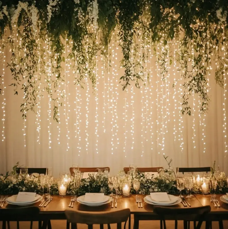 31+ Outdoor String Lighting Ideas for a Cozy and Beautiful Backyard 13 Vertical fairy light curtain with hanging greenery behind an outdoor dining table