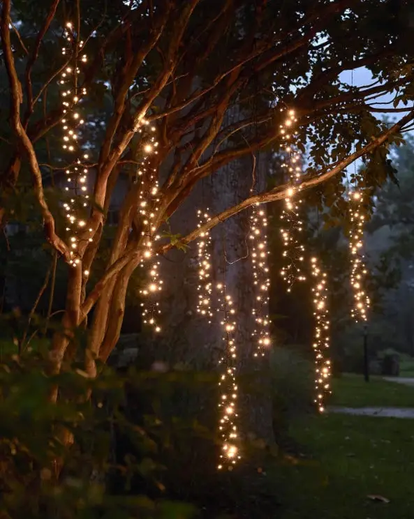 31+ Outdoor String Lighting Ideas for a Cozy and Beautiful Backyard 16 Clusters of warm fairy string lights hanging vertically from tree branches