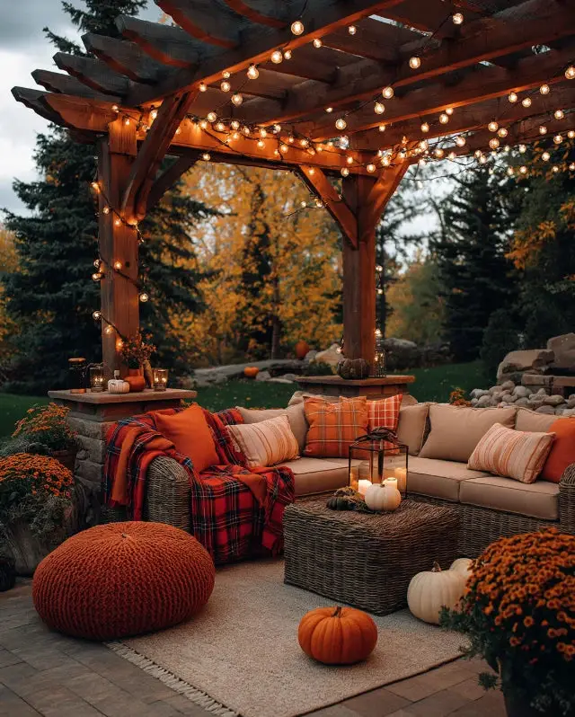 31+ Outdoor String Lighting Ideas for a Cozy and Beautiful Backyard 18 Autumn pergola lounge decorated with string lights pumpkins and orange cushions