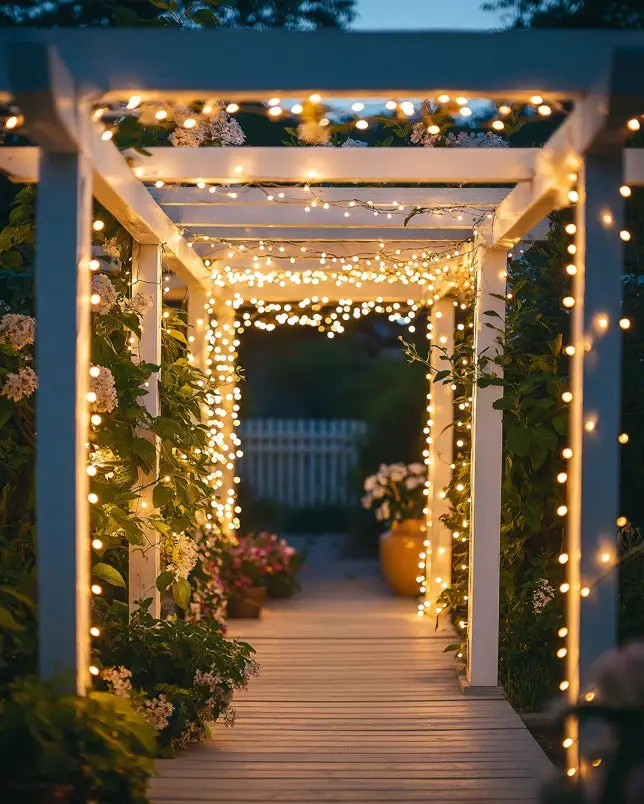 31+ Outdoor String Lighting Ideas for a Cozy and Beautiful Backyard 20 Wooden garden arbor pathway wrapped in glowing fairy string lights