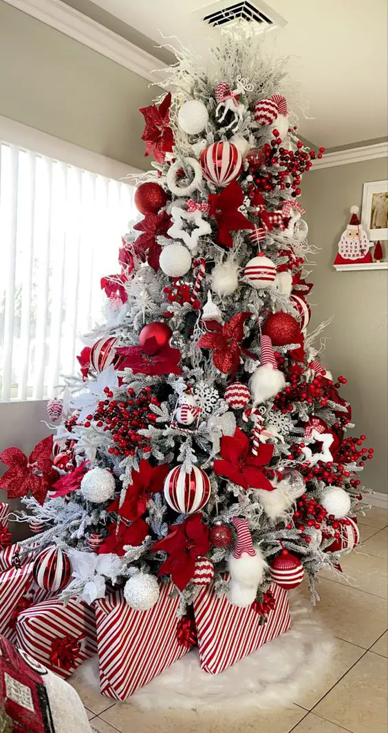 23+ Peppermint Christmas Tree Ideas for Sweet Holiday Decor 16 Frosted Poinsettia and Gnome Peppermint Tree